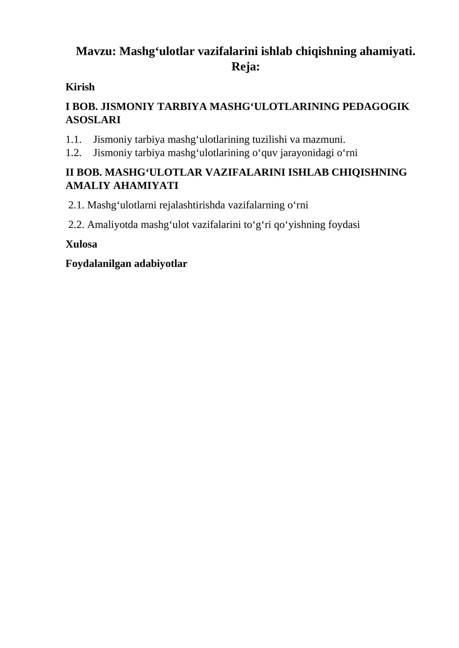 Mashg‘ulotlar vazifalarini ishlab chiqishning ahamiyati. 1