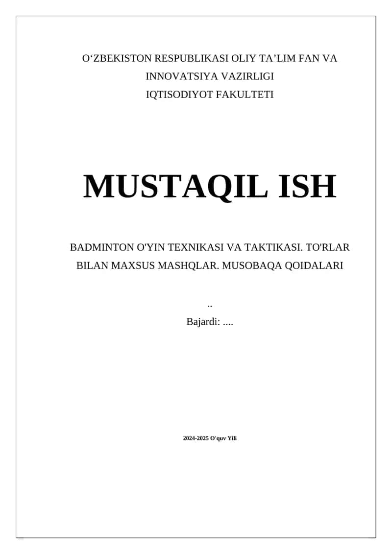 BADMINTON O'YIN TEXNIKASI VA TAKTIKASI 1