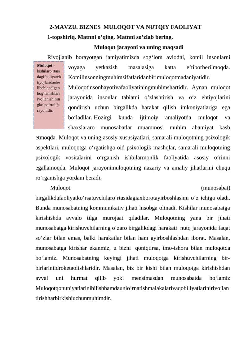 MAVZU. BIZNES MULOQOT VA NUTQIY FAOLIYAT 1