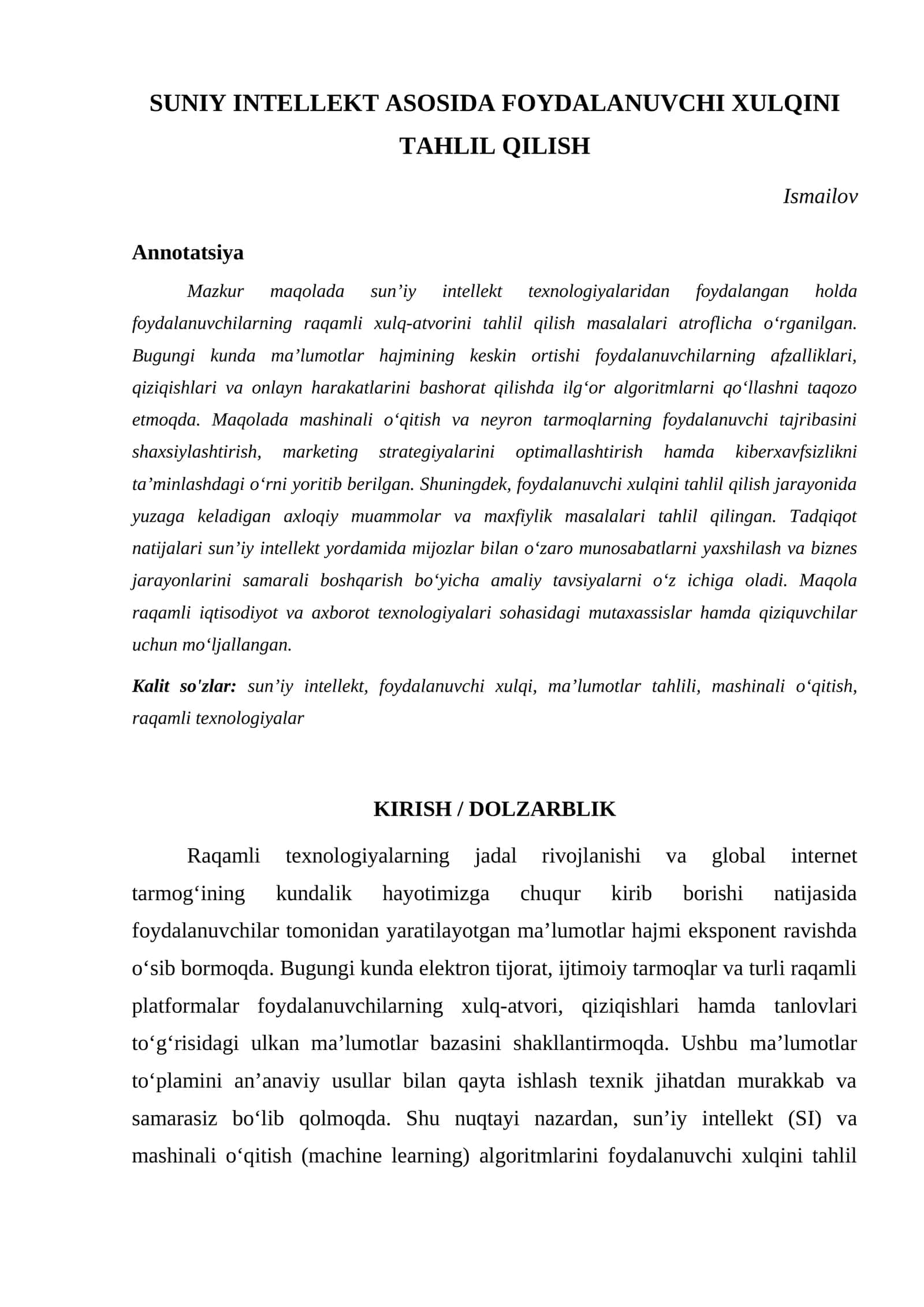 SUNIY INTELLEKT ASOSIDA FOYDALANUVCHI XULQINI TAHLIL QILISH 1