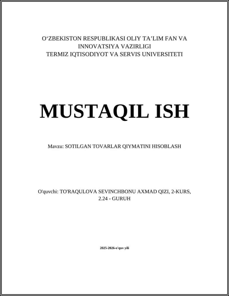 Sotilgan tovarlar qiymatini hisoblash 1