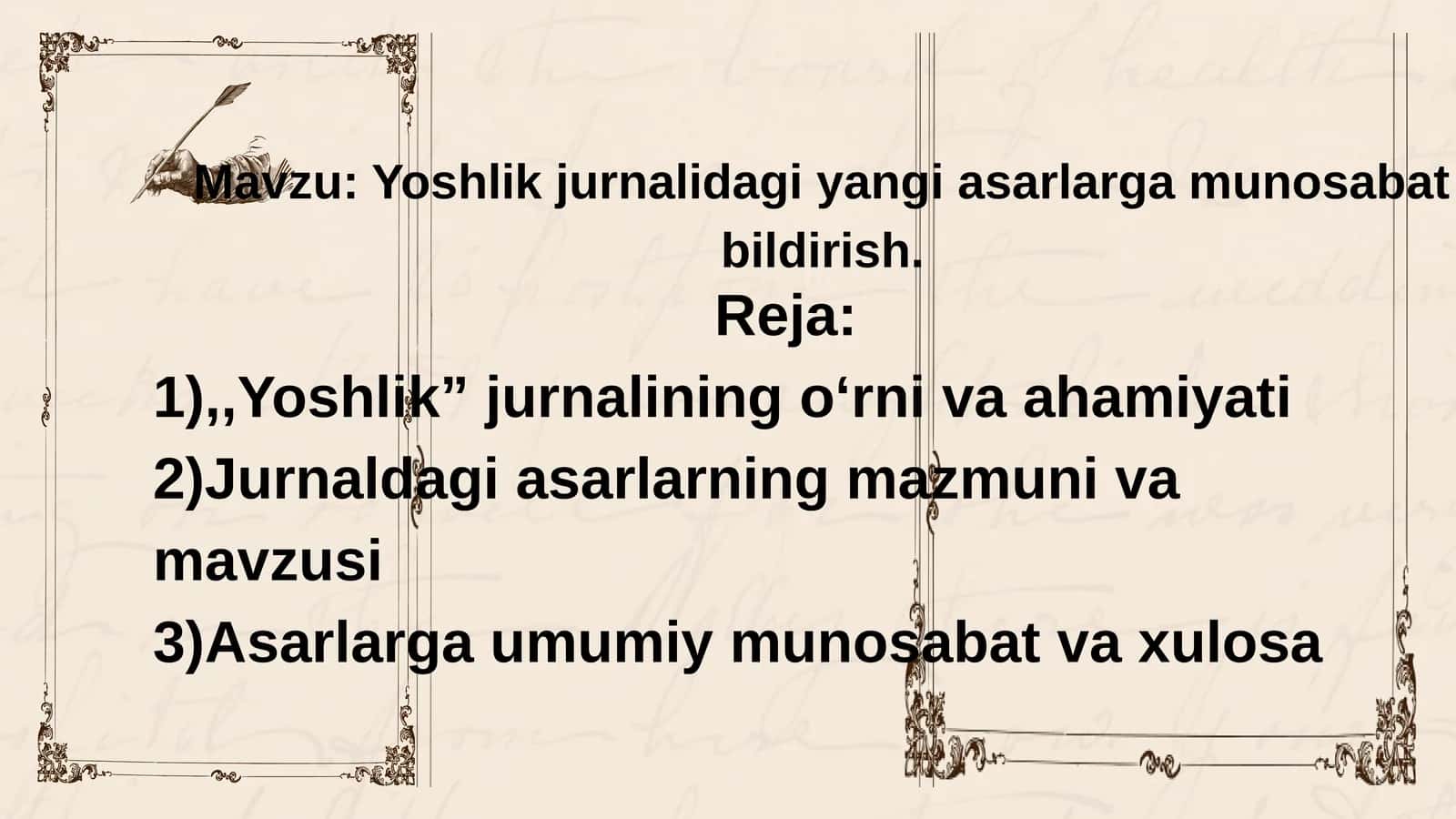 Yoshlik jurnalidagi yangi asarlarga munosabat bildirish. 1