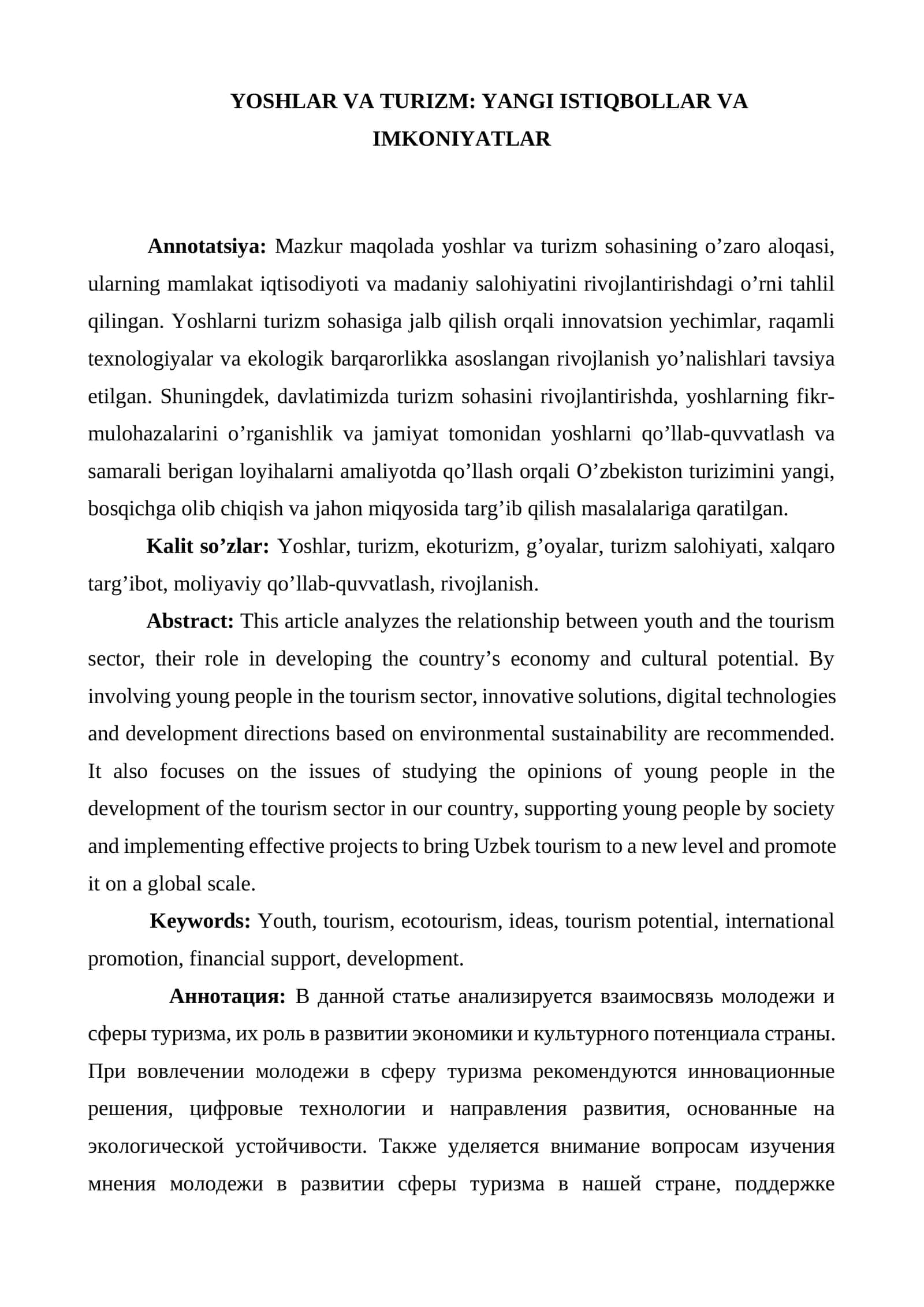 YOSHLAR VA TURIZM: YANGI ISTIQBOLLAR VA IMKONIYATLAR 1
