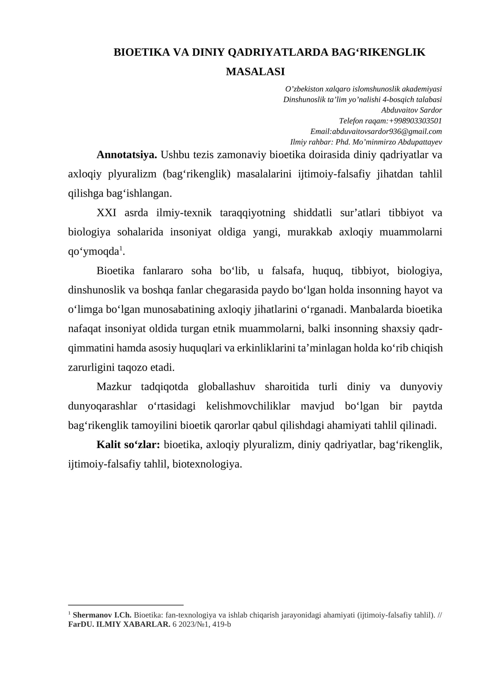 BIOETIKA VA DINIY QADRIYATLARDA BAG‘RIKENGLIK MASALASI 1