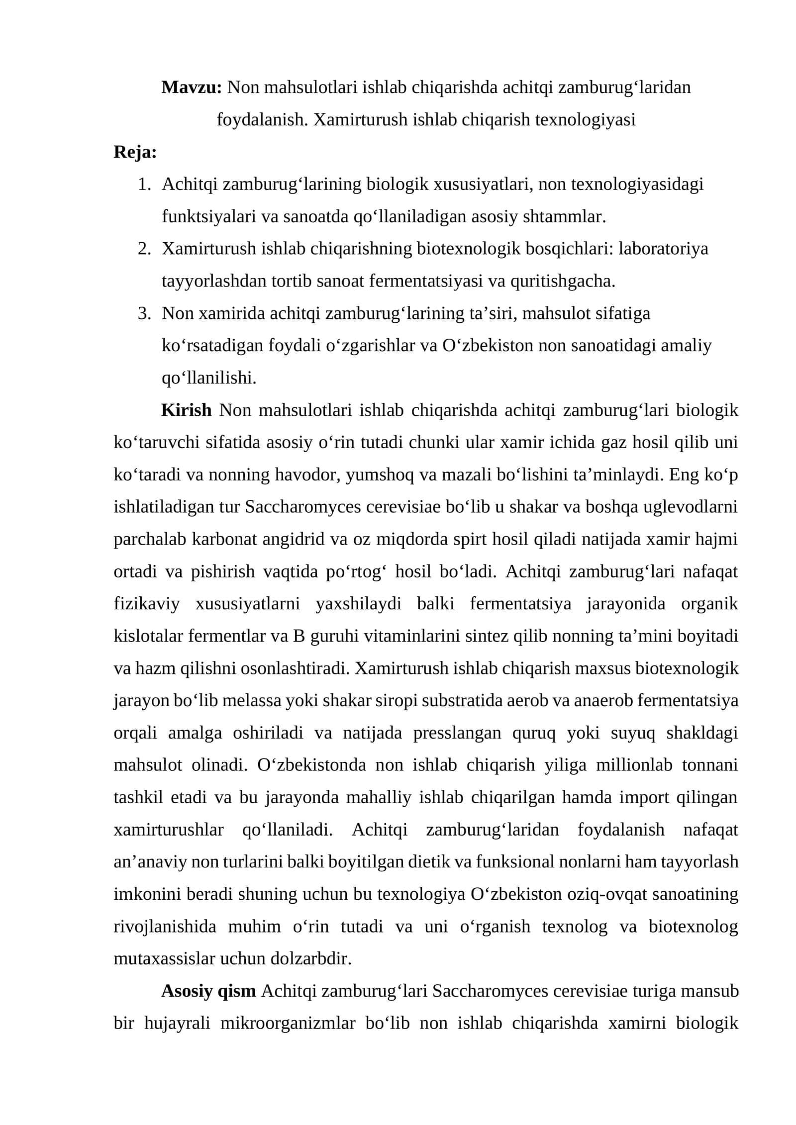 Non mahsulotlari ishlab chiqarishda achitqi zamburug‘laridan foydalanish 1
