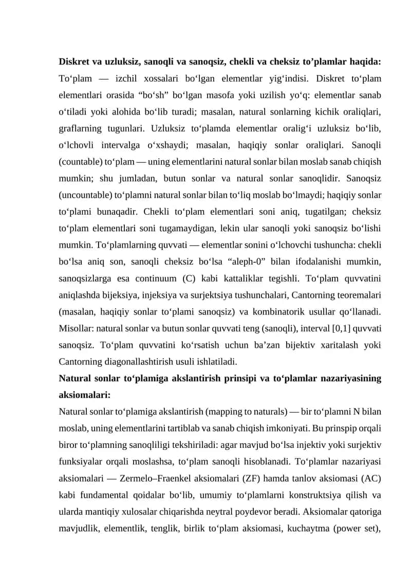 Diskret va uzluksiz, sanoqli va sanoqsiz, chekli va cheksiz to’plamlar 1