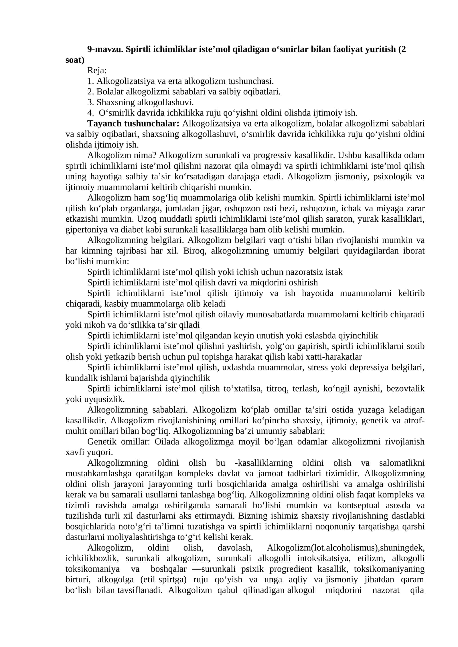 Spirtli ichimliklar iste’mol qiladigan o‘smirlar bilan faoliyat yuritish 1