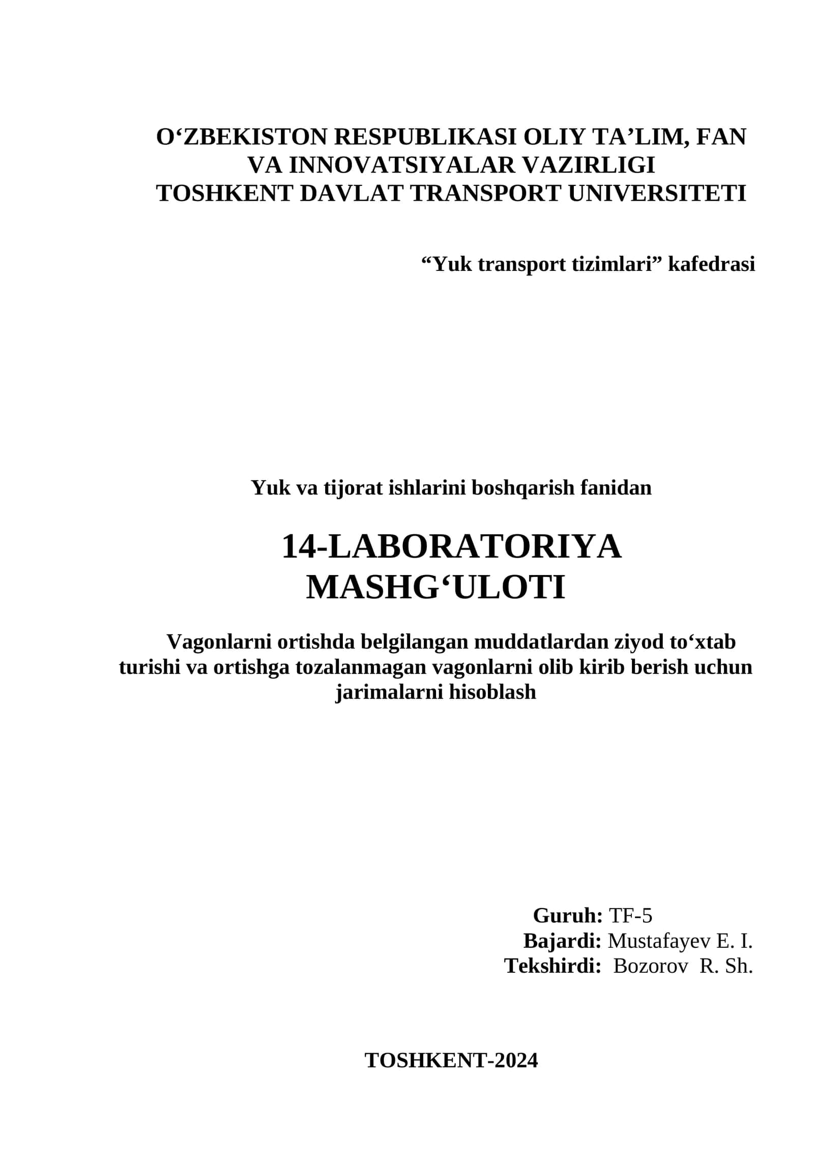 Vagonlarni ortishda belgilangan muddatlardan ziyod to‘xtab turishi va ortishga tozalanmagan vagonlarni olib kirib berish uchun jarimalarni hisoblash 1