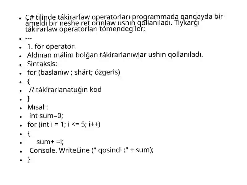 C# tilinde tákirarlaw operatorları 1