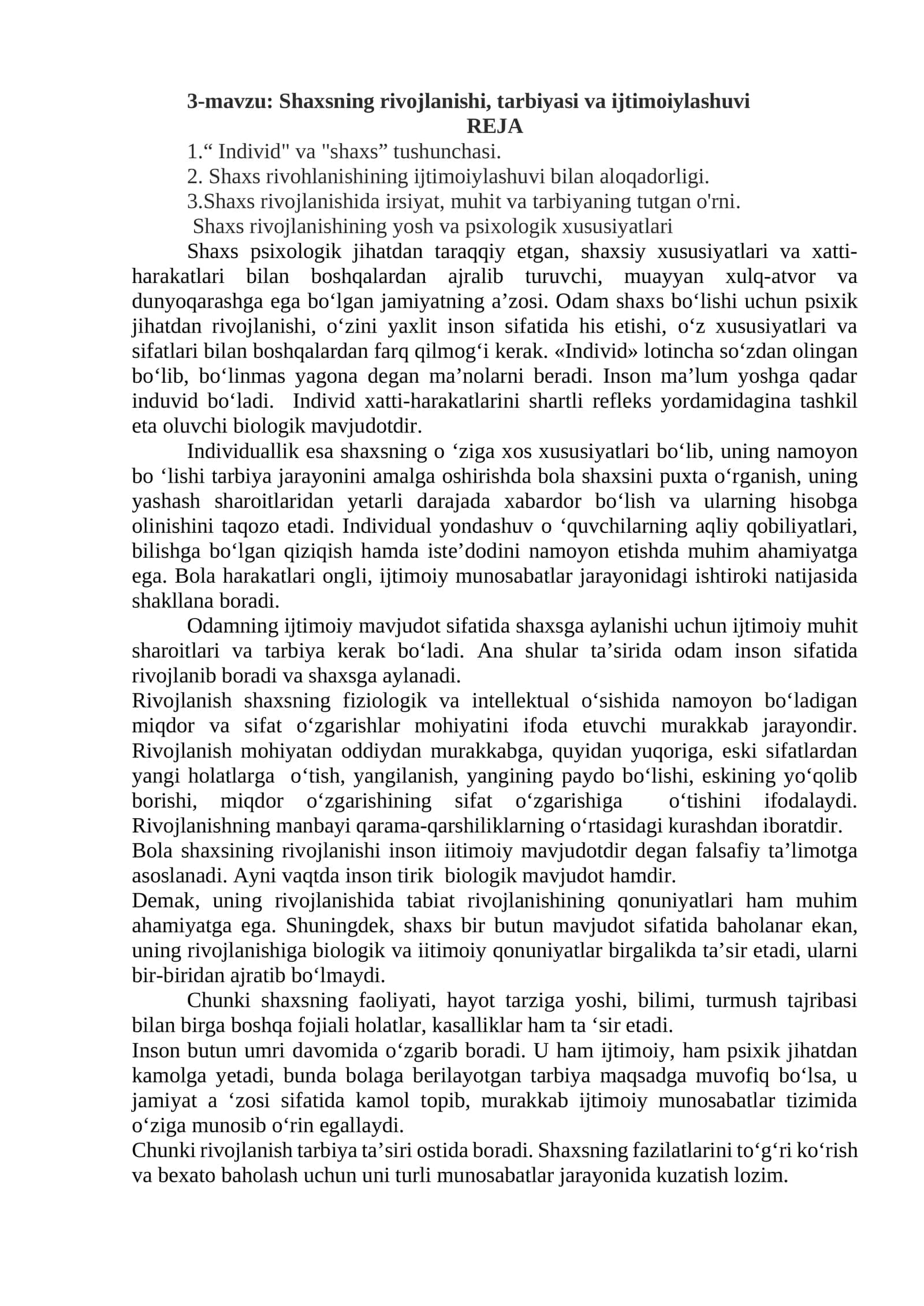 Shaxsning rivojlanishi, tarbiyasi va ijtimoiylashuvi 1