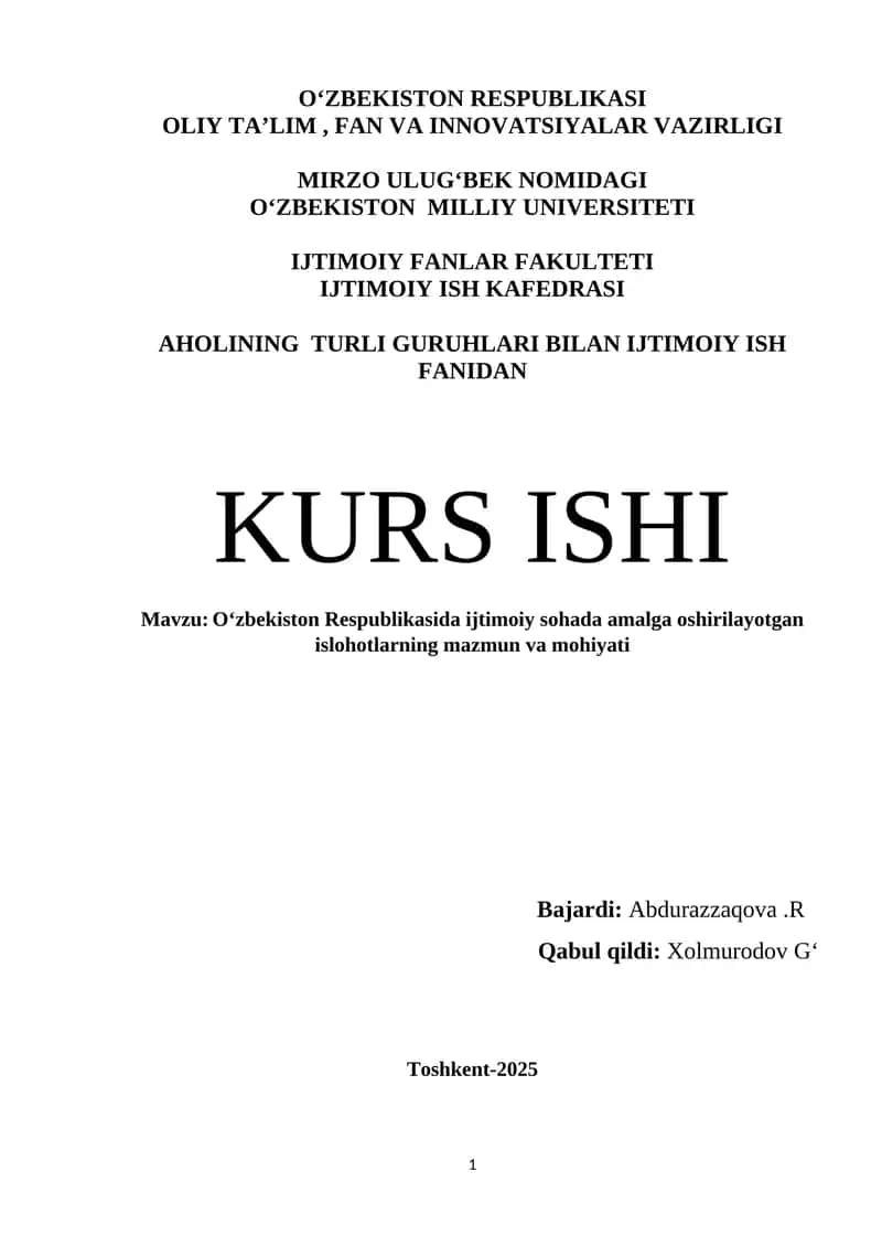 Oʻzbekiston Respublikasida ijtimoiy sohada amalga oshirilayotgan islohotlarning mazmun va mohiyati 1