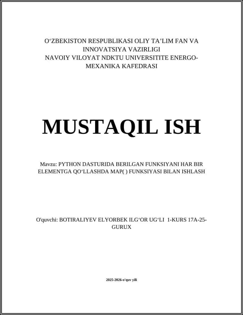 PYTHON DASTURIDA BERILGAN FUNKSIYANI HAR BIR ELEMENTGA QOʻLLASHDA MAP( ) FUNKSIYASI BILAN ISHLASH 1