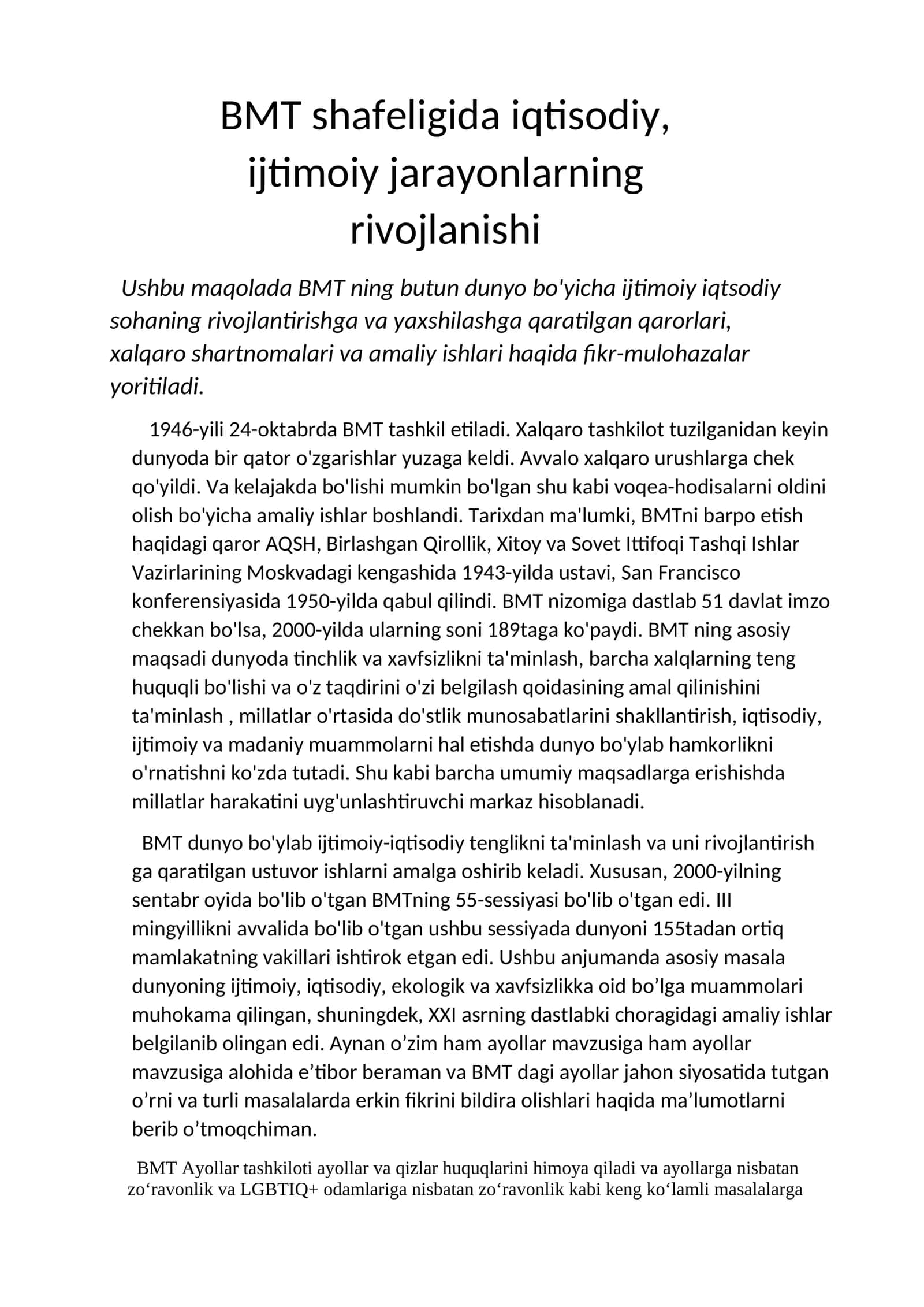 BMT shafeligida iqtisodiy, ijtimoiy jarayonlarning rivojlanishi 1