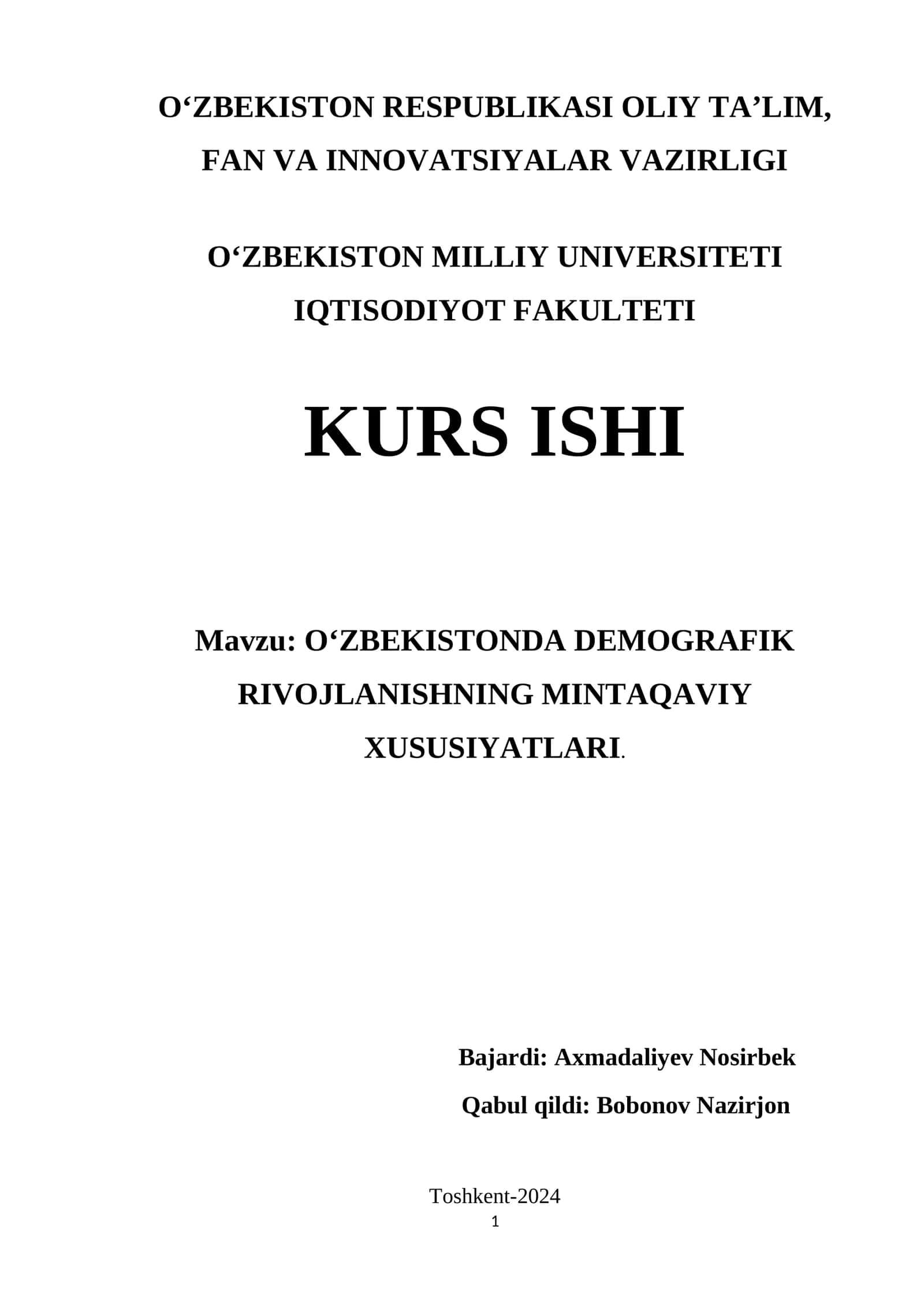 O‘ZBEKISTONDA DEMOGRAFIK RIVOJLANISHNING MINTAQAVIY XUSUSIYATLARI 1
