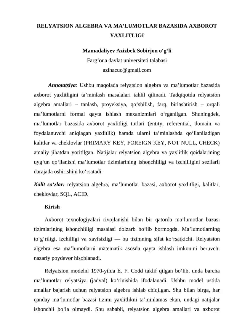 RELYATSION ALGEBRA VA MA’LUMOTLAR BAZASIDA AXBOROT YAXLITLIGI 1