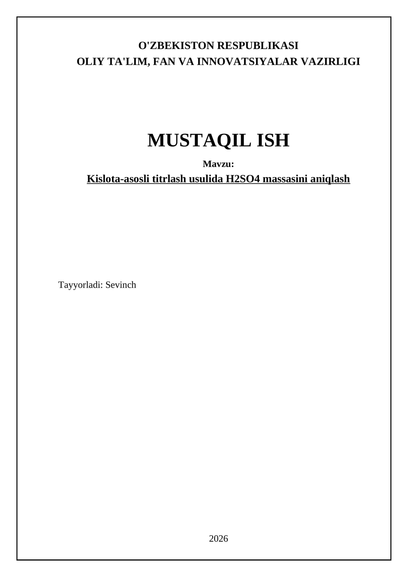 Kislota-asosli titrlash usulida H2SO4 massasini aniqlash 1