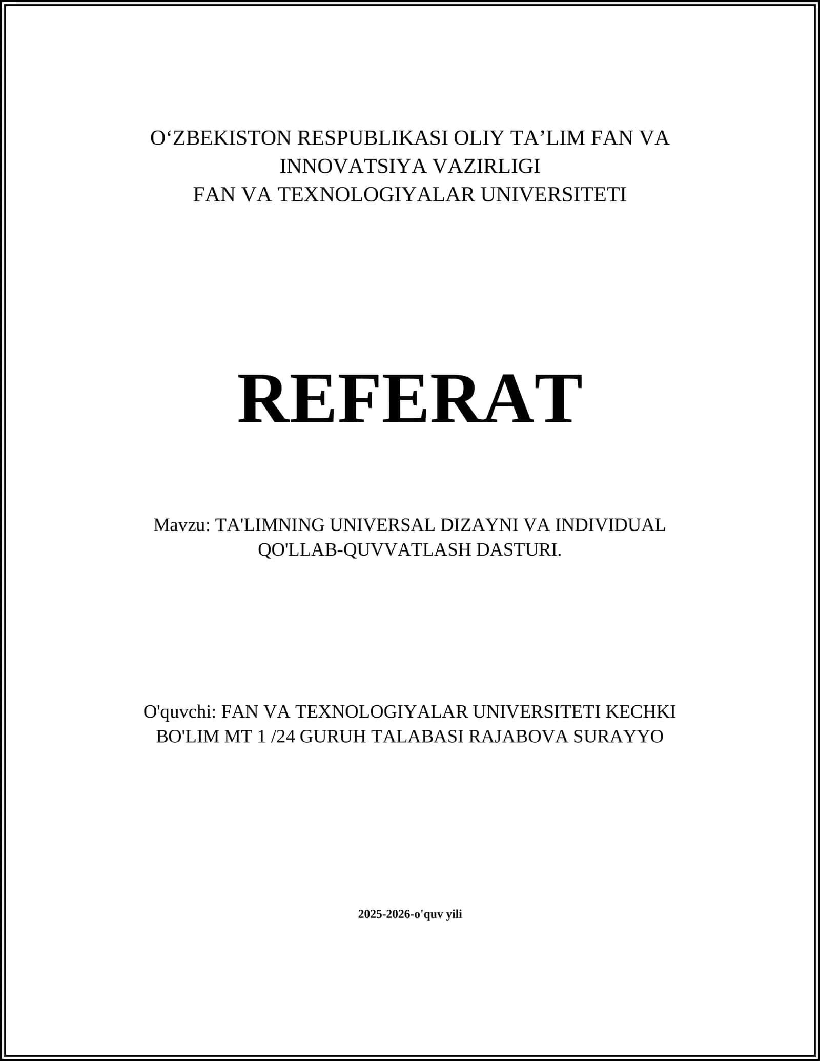 TA'LIMNING UNIVERSAL DIZAYNI VA INDIVIDUAL QO'LLAB-QUVVATLASH DASTURI 1