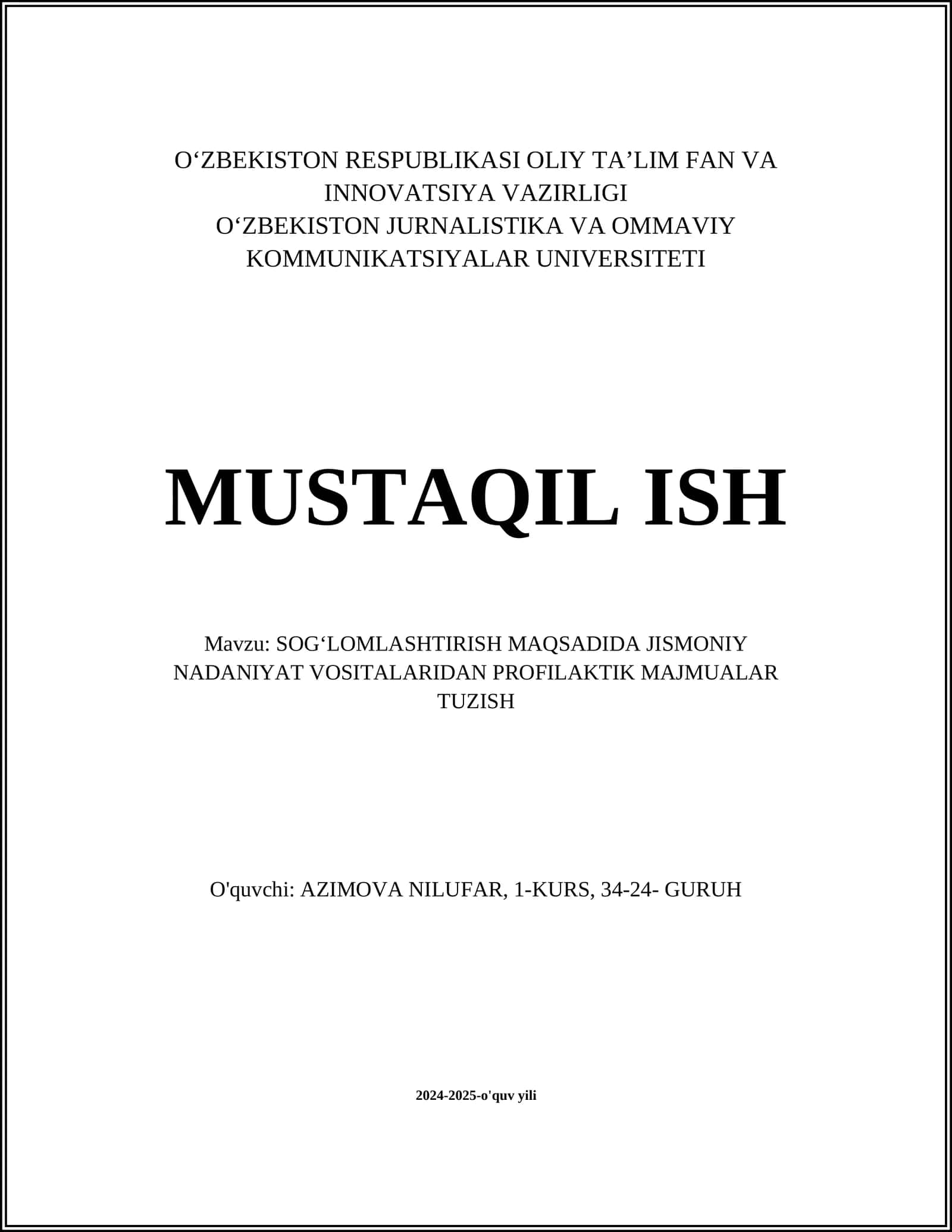 SOGʻLOMLASHTIRISH MAQSADIDA JISMONIY NADANIYAT VOSITALARIDAN PROFILAKTIK MAJMUALAR TUZISH 1