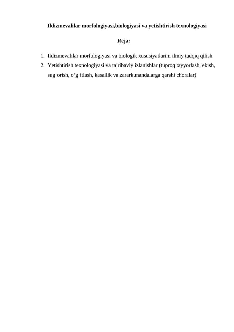 Ildizmevalilar morfologiyasi, biologiyasi va yetishtirish texnologiyasi 1
