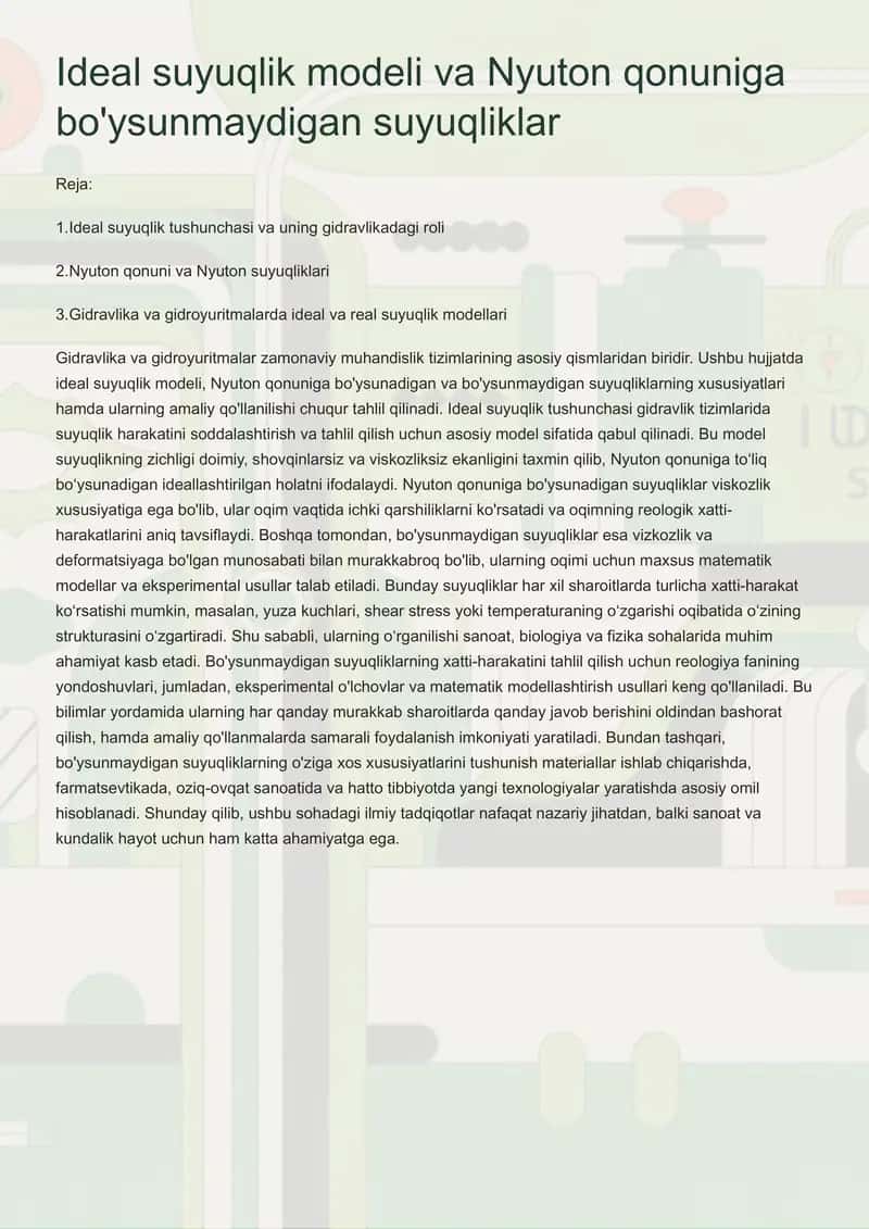 Ideal suyuqlik modeli va Nyuton qonuniga bo'ysunmaydigan suyuqliklar 1