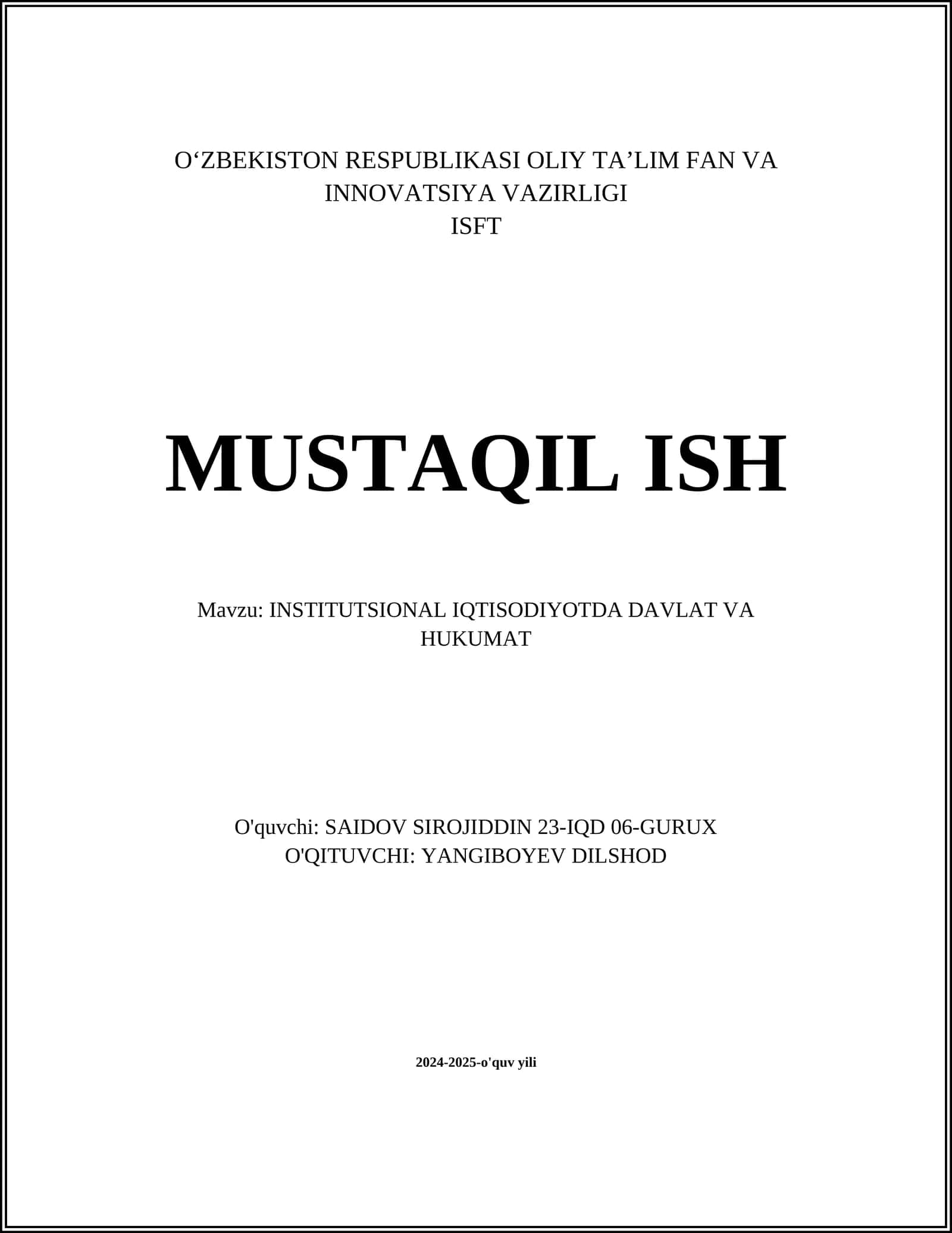 INSTITUTSIONAL IQTISODIYOTDA DAVLAT VA HUKUMAT 1