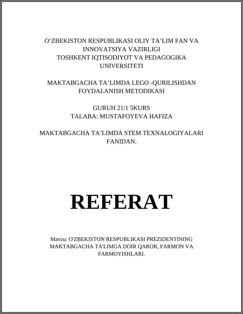 O‘zbekiston Prezidentining MAKTABGACHA TA'LIMGA DOIR MAKTABQACHON VA HAMSHIRASI 1