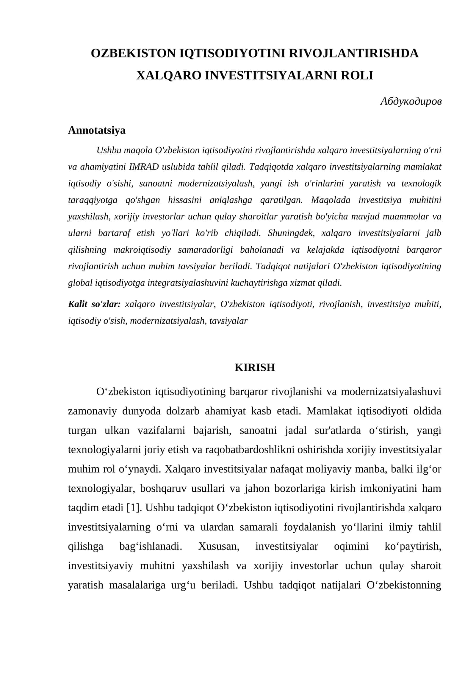 OZBEKISTON IQTISODIYOTINI RIVOJLANTIRISHDA XALQARO INVESTITSIYALARNI ROLI 1