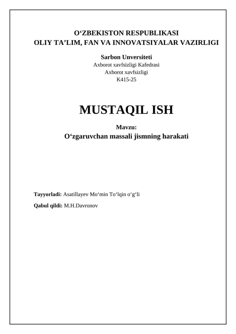 Oʻzgaruvchan massali jismning harakati 1