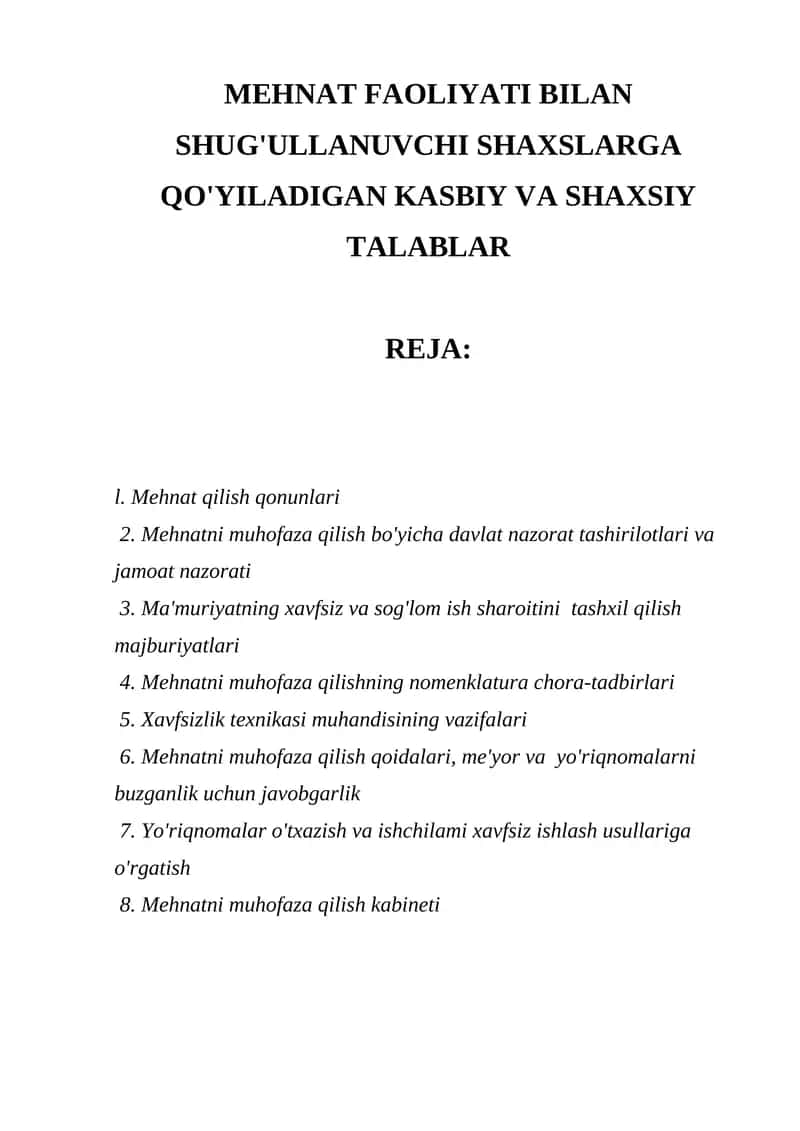 Mehnat Faoliyati Bilan Shug'ullanuvchi Shaxslarga Qo'yiladigan Kasbiy va Shaxsiy Talablar 1