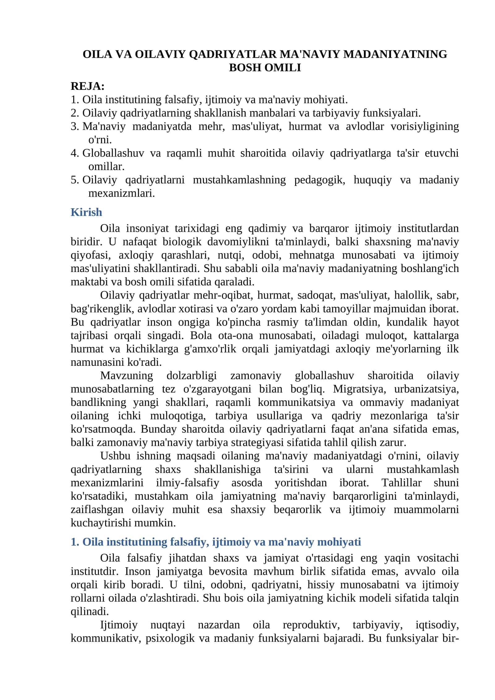Oilaviy qadriyatlar ma'naviy madaniyatda 1