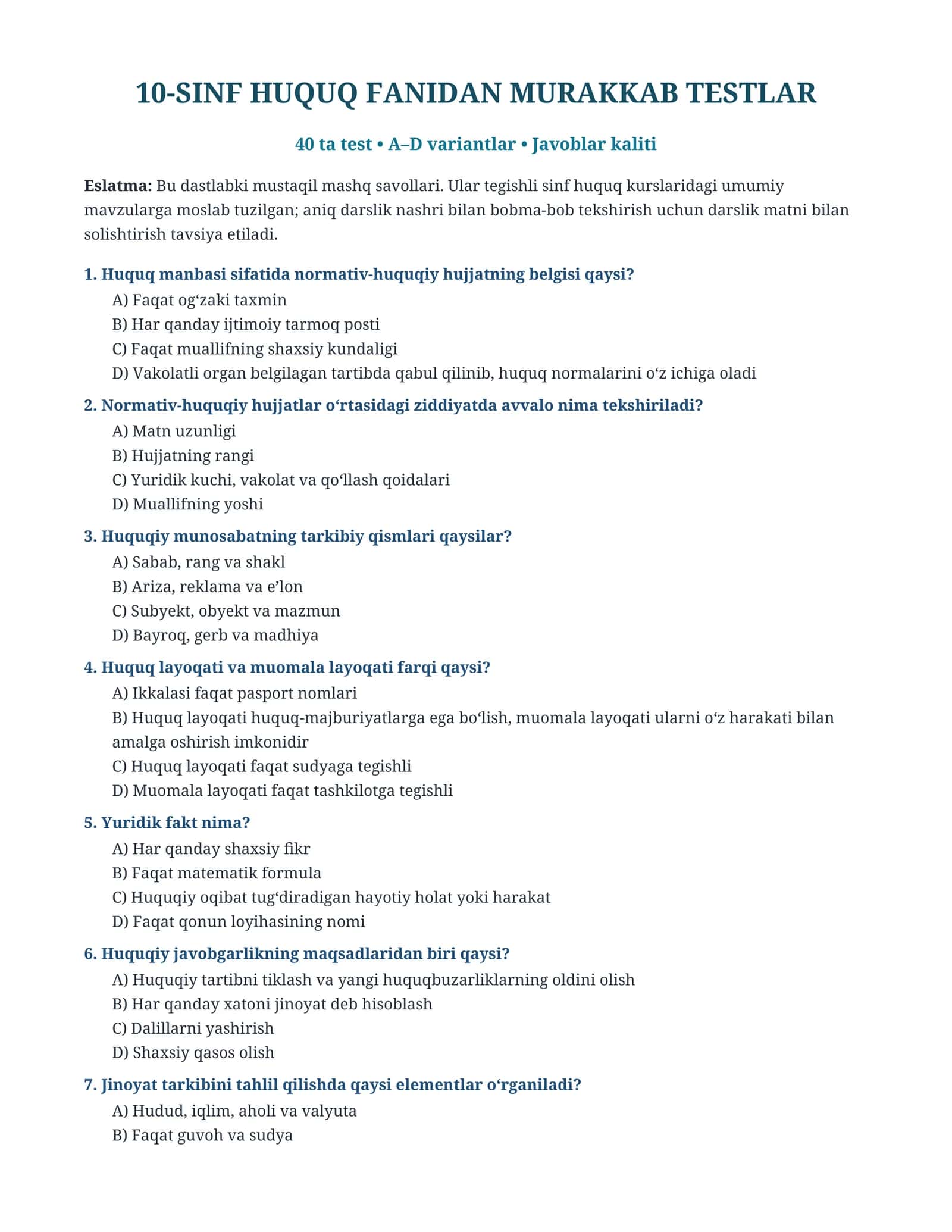 10-sinf darsligidan testlar 1