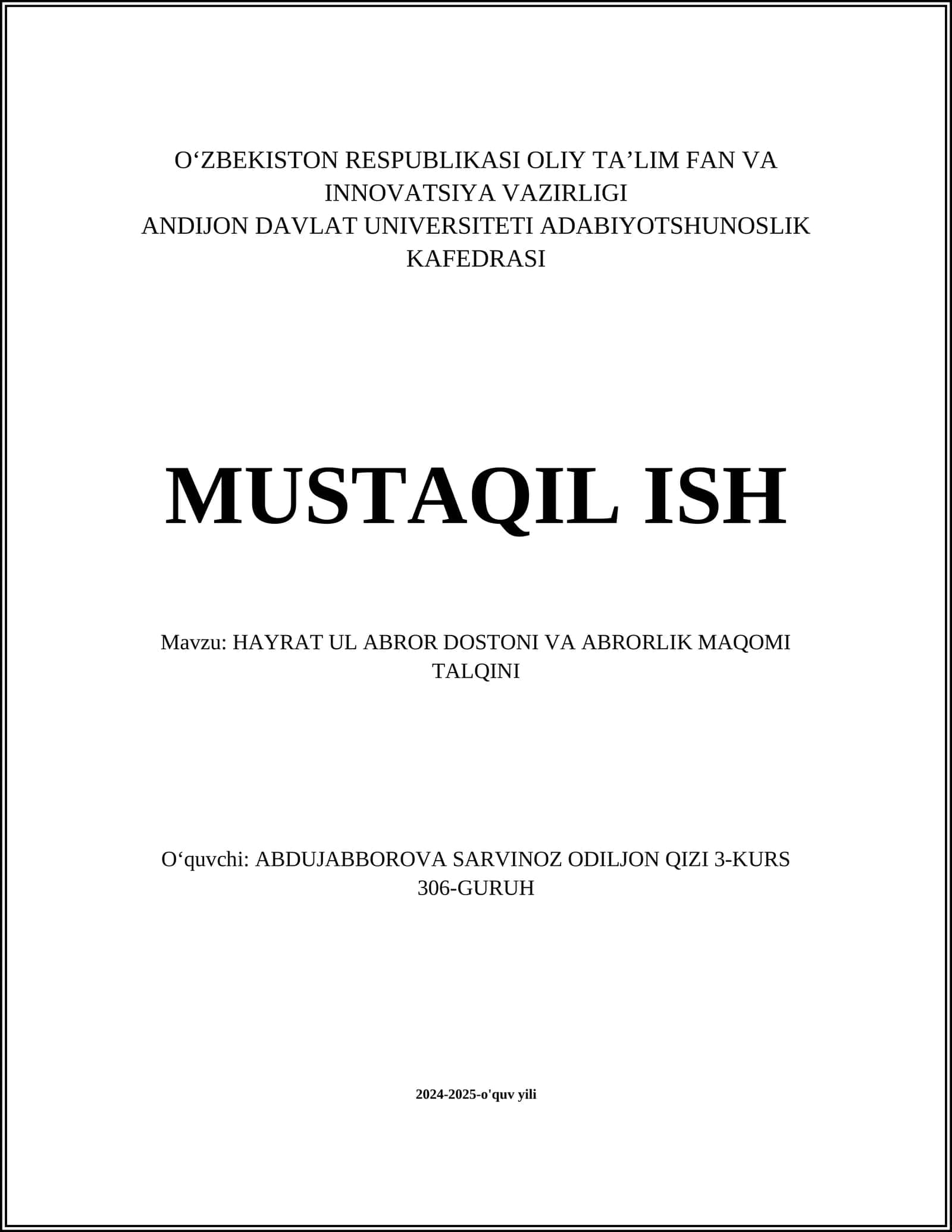 HAYRAT UL ABROR DOSTONI VA ABRORLIK MAQOMI TALQINI 1