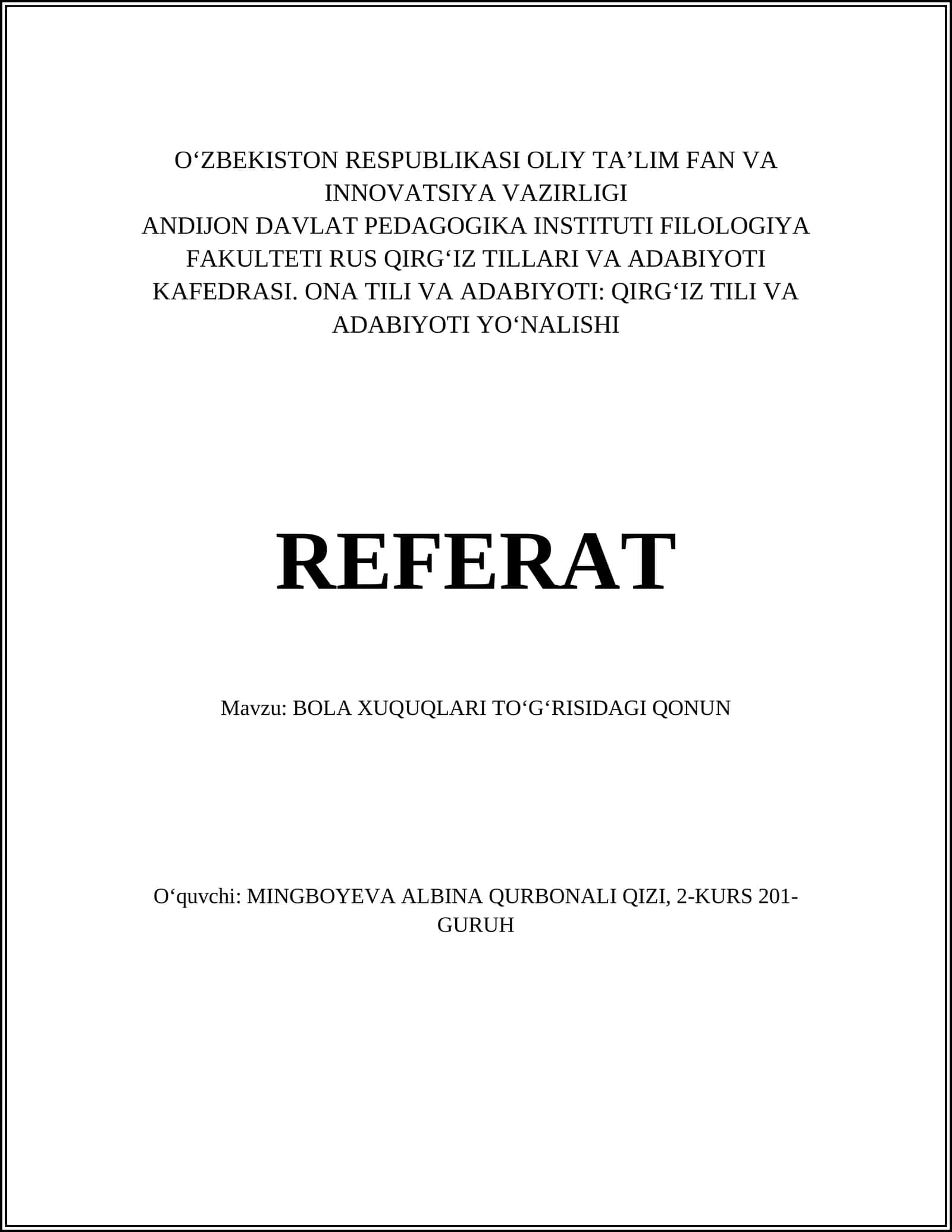Mavzu: BOLA XUQUQLARI TOʻGʻRISIDAGI QONUN 1