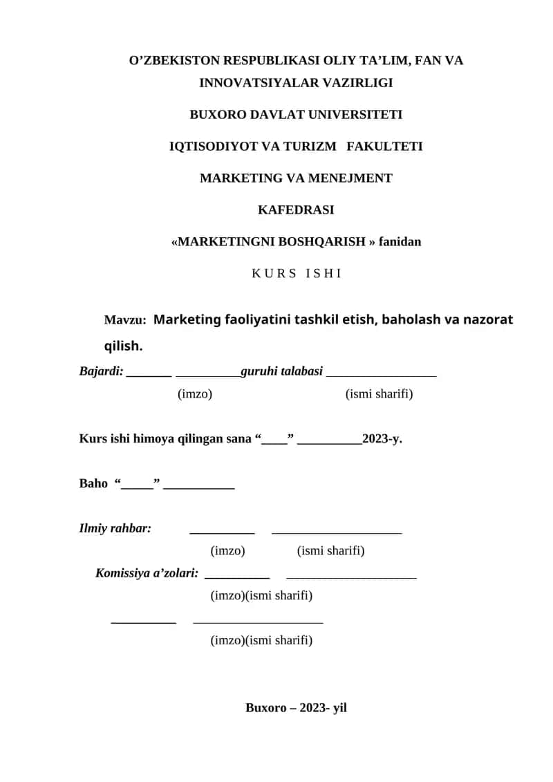 Marketing faoliyatini tashkil etish, baholash va nazorat qilish. 1