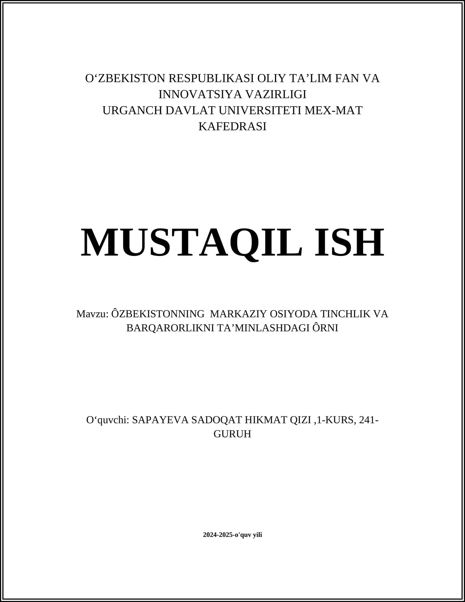 ÔZBEKISTONNING MARKAZIY OSIYODA TINCHLIK VA BARQARORLIKNI TAʼMINLASHDAGI ÔRNI 1