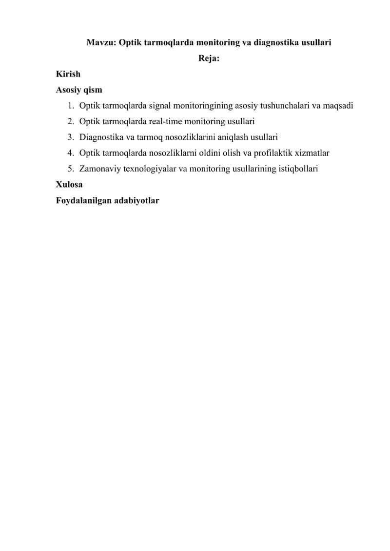 Optik tarmoqlarda monitoring va diagnostika usullari 1