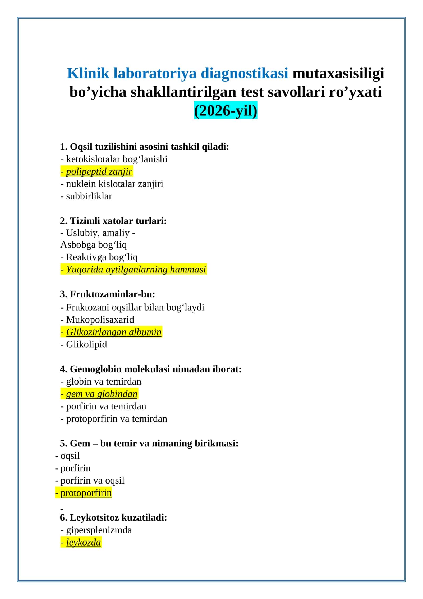 Klinik laboratoriya diagnostikasi test savollari ro’yxati (2026-yil) 1