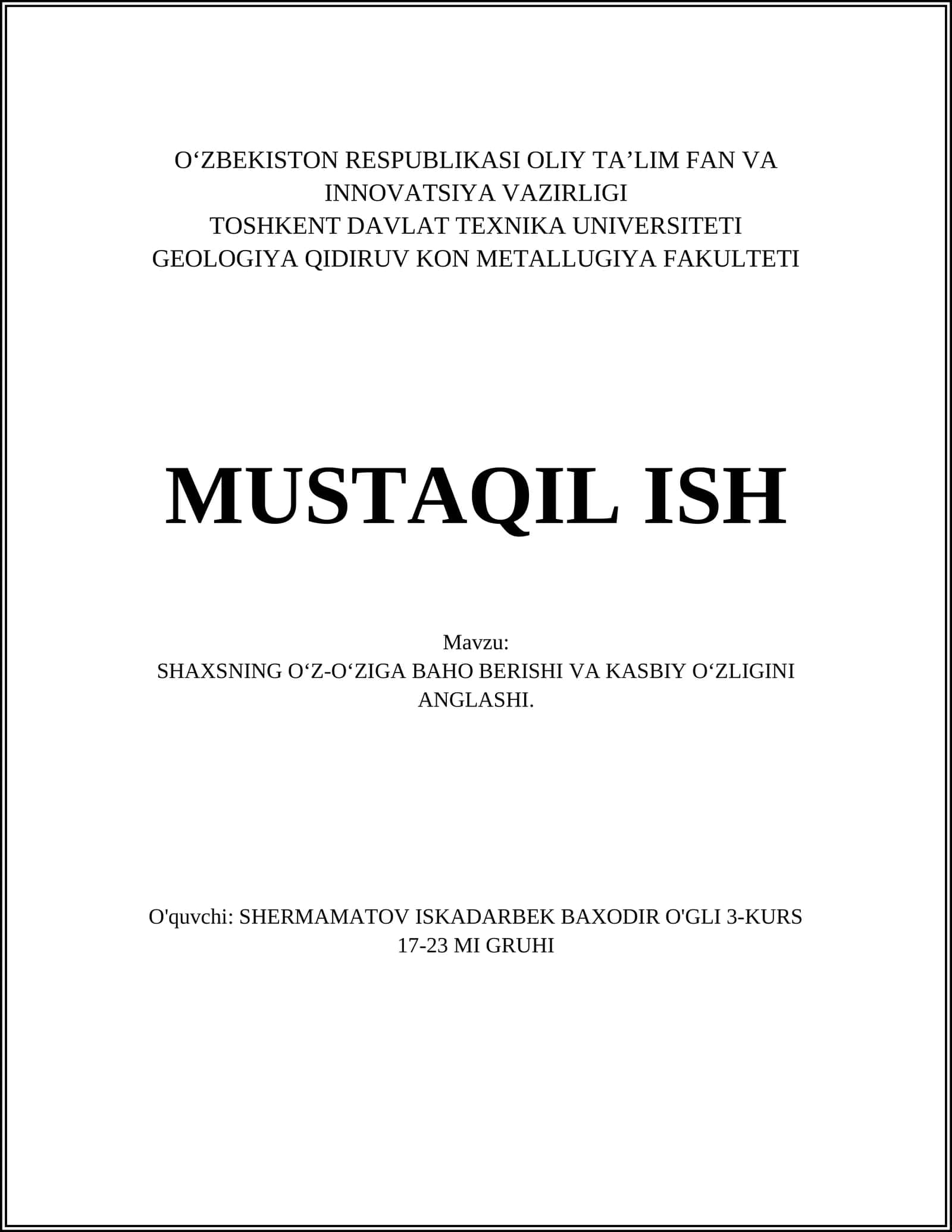 SHAXSNING O‘Z-O‘ZIGA BAHO BERISHI VA KASBIY O‘ZLIGINI ANGLASHI 1