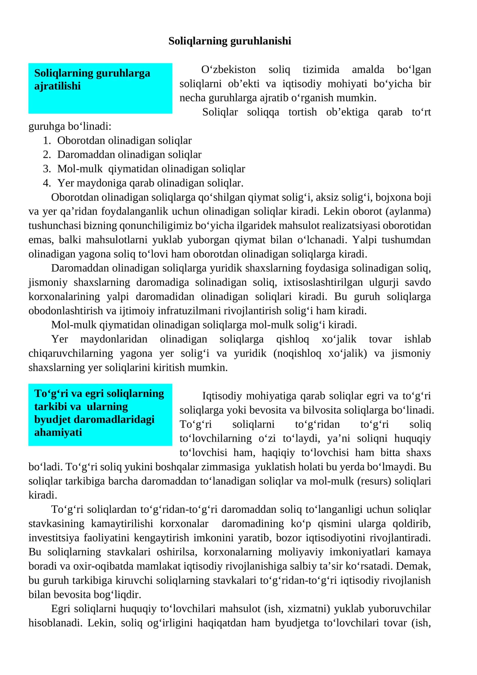 Soliqlarning guruhlanishi 1