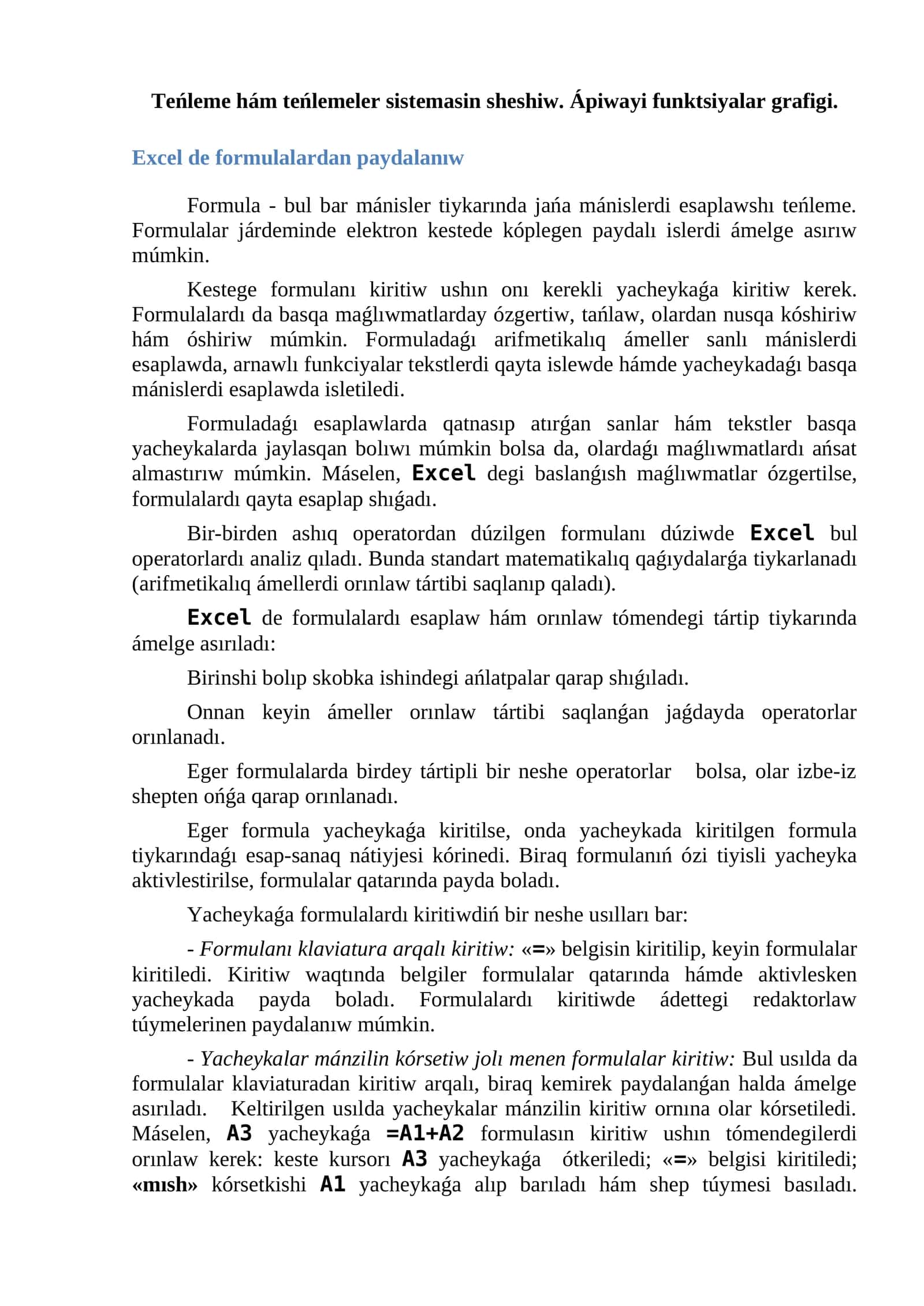 Excel de formulalardan paydalanıw 1
