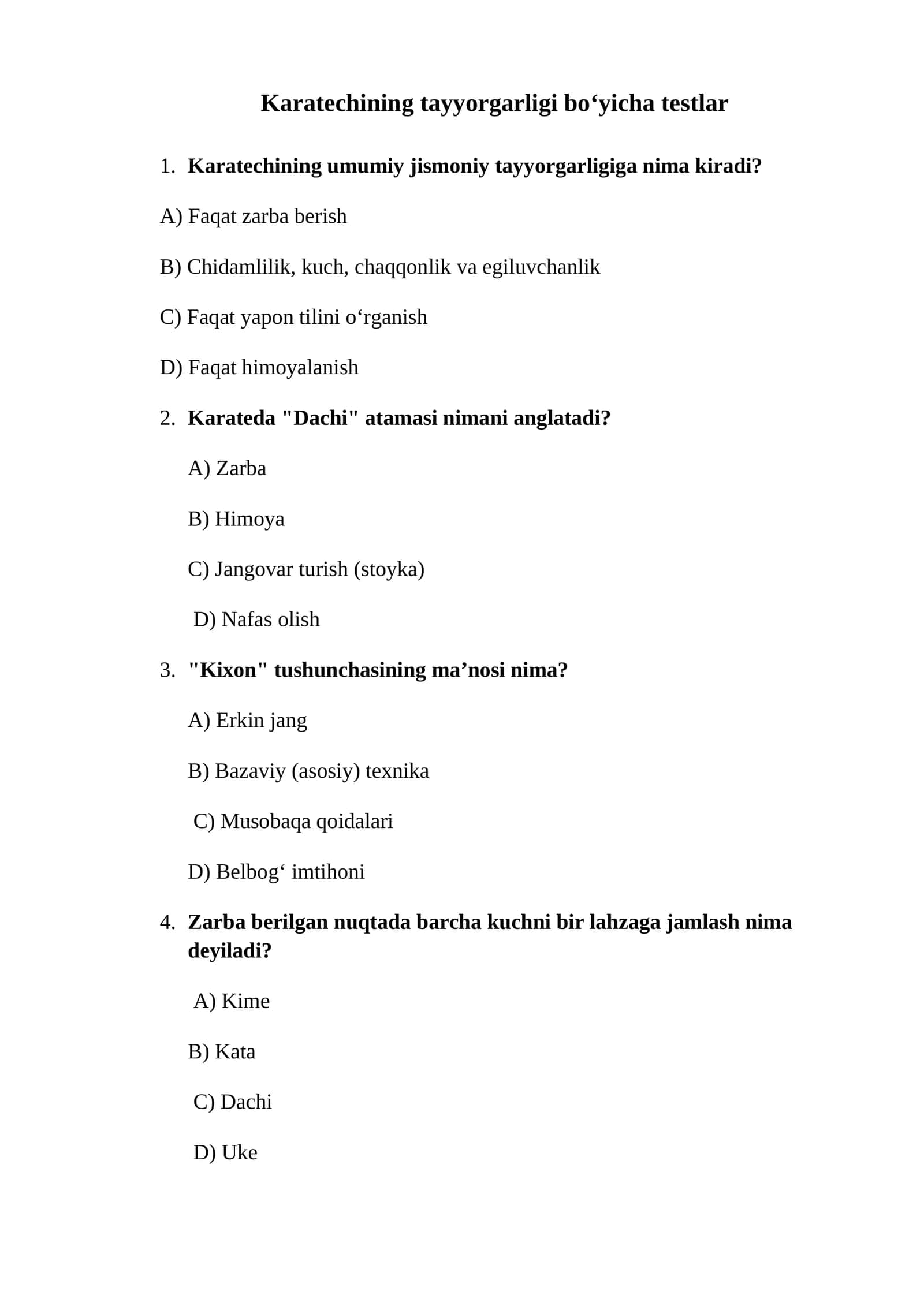 Karatechining tayyorgarligi bo‘yicha testlar 1