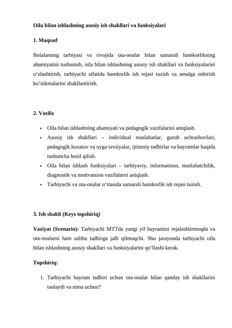 Oila bilan ishlashning asosiy ish shakllari va funksiyalari 1