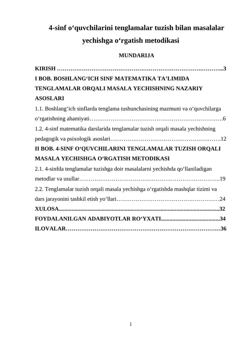 4-sinf o‘quvchilarini tenglamalar tuzish bilan masalalar yechishga o‘rgatish metodikasi 1