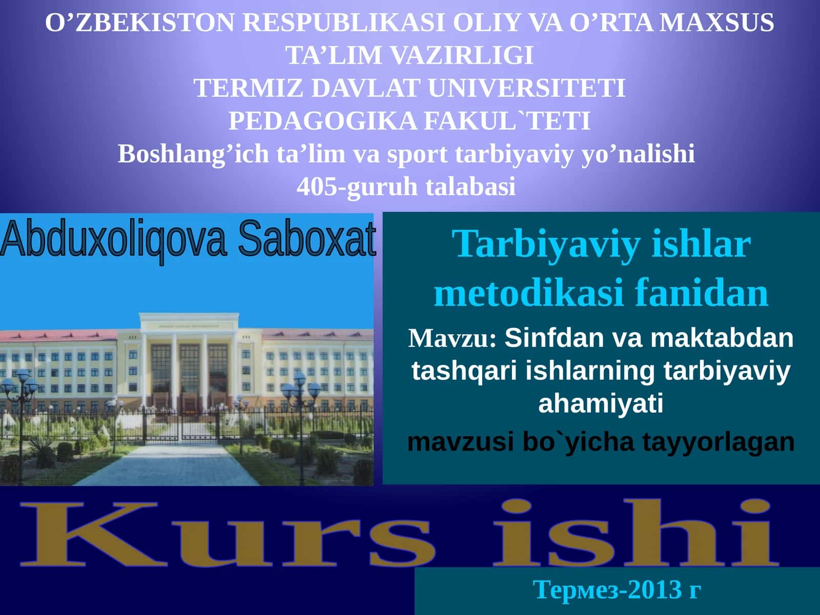 Tarbiyaviy ishlar metodikasi fanidan 1