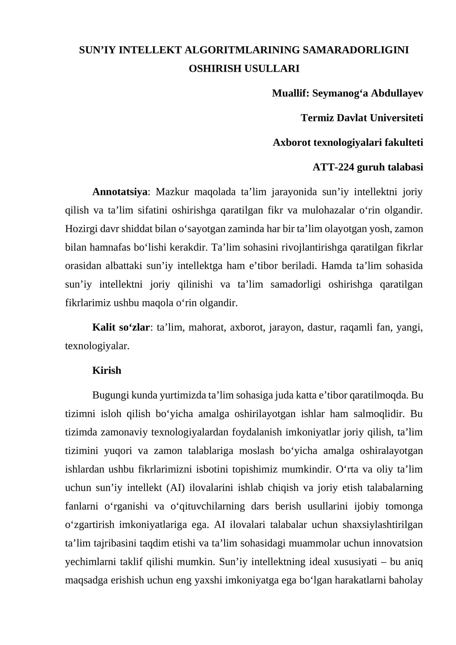 SUNʼIY INTELLEKT ALGORITMLARINING SAMARADORLIGINI OSHIRISH USULLARI 1