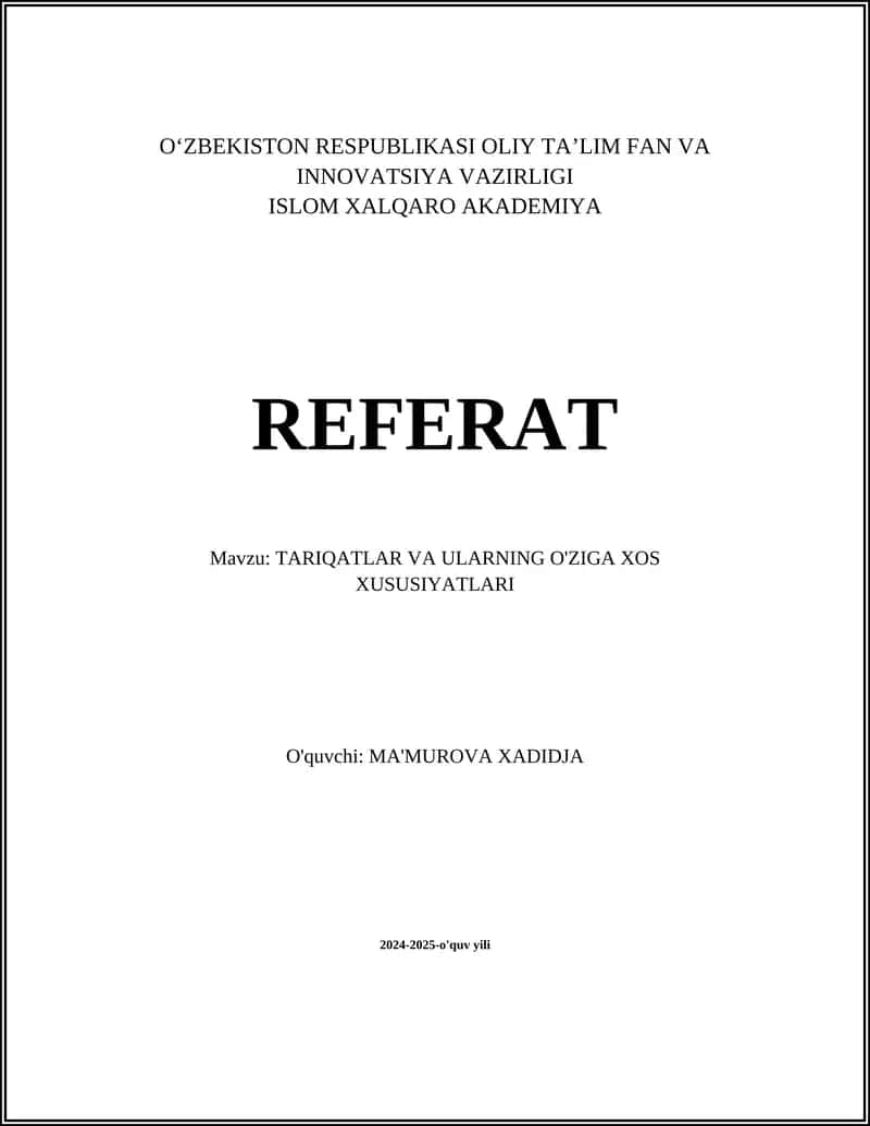 TARIQATLAR VA ULARNING O'ZIGA XOS XUSUSIYATLARI 1