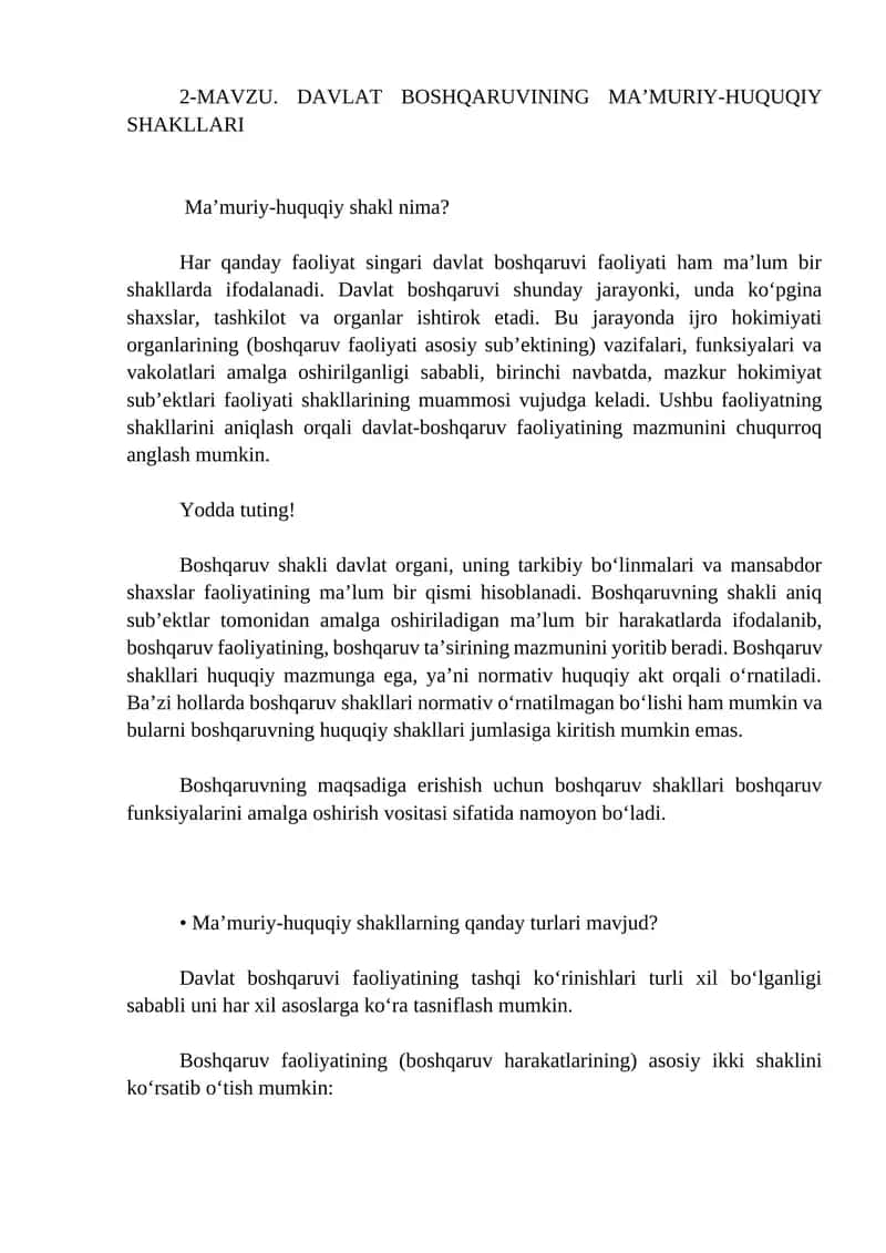 DAVLAT BOSHQARUVINING MA’MURIY-HUQUQIY SHAKLLARI 1