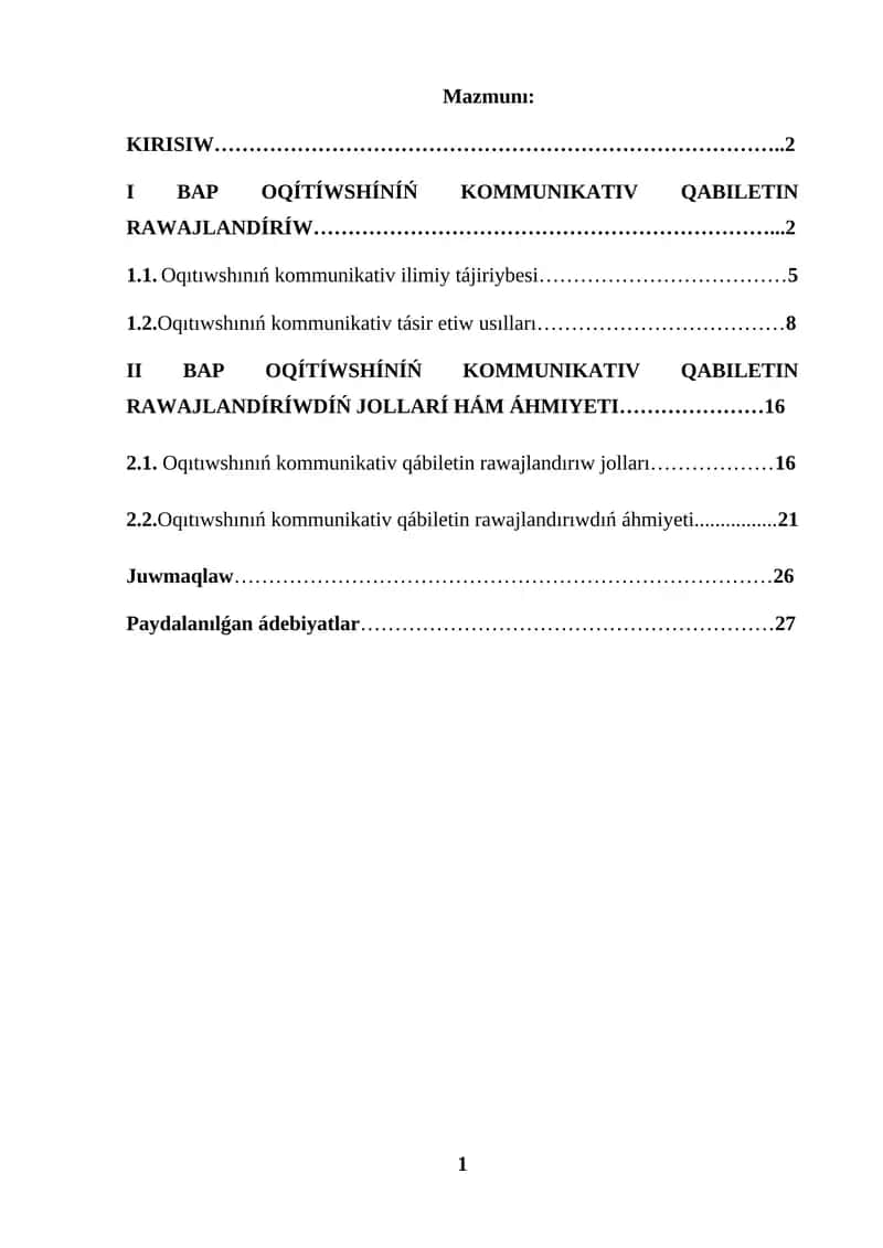 KURS JUMISI OQITIWSHINIŃ KOMMUNIKATIV QABILETIN RAWAJLANDIRIW 1