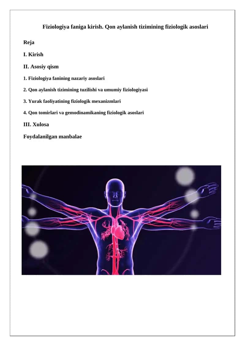 Fiziologiya faniga kirish. Qon aylanish tizimining fiziologik asoslari 1