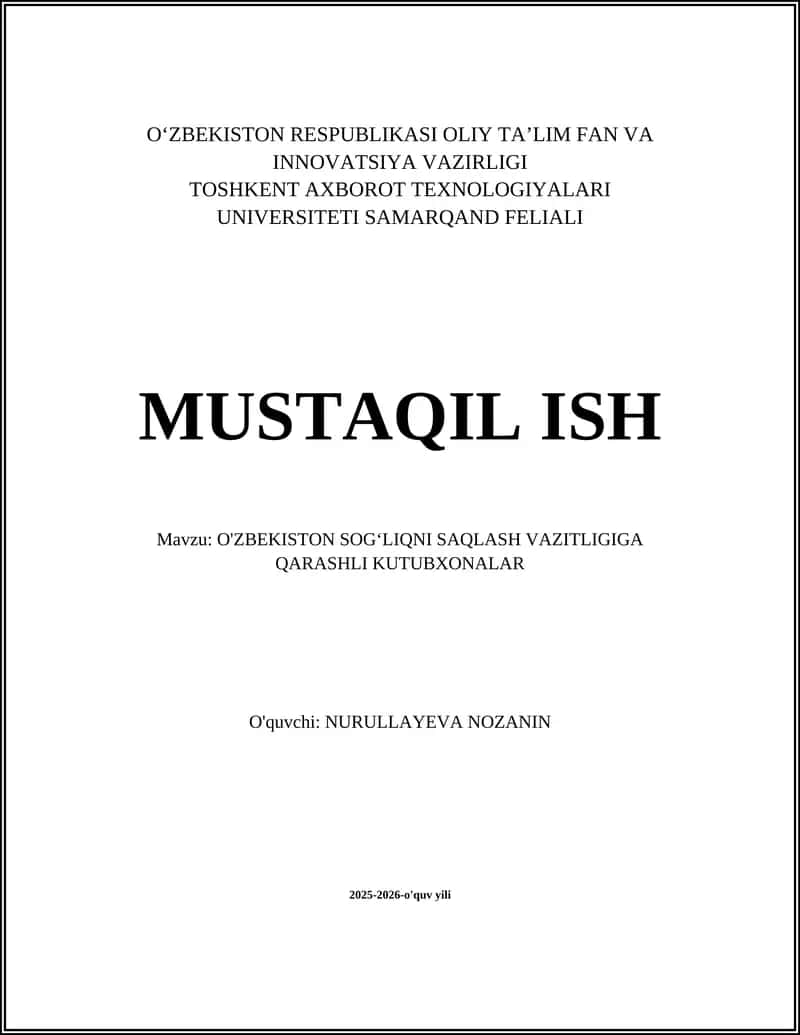 O'ZBEKISTON SOGʻLIQNI SAQLASH VAZITLIGIGA QARASHLI KUTUBXONALAR 1